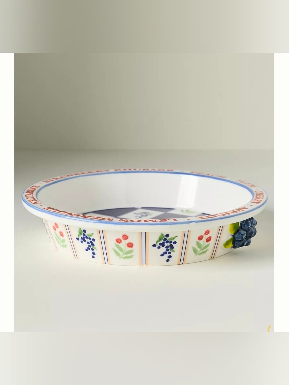 Fruit Border Ceramic Pie Dish- Blue, White, Red, Green